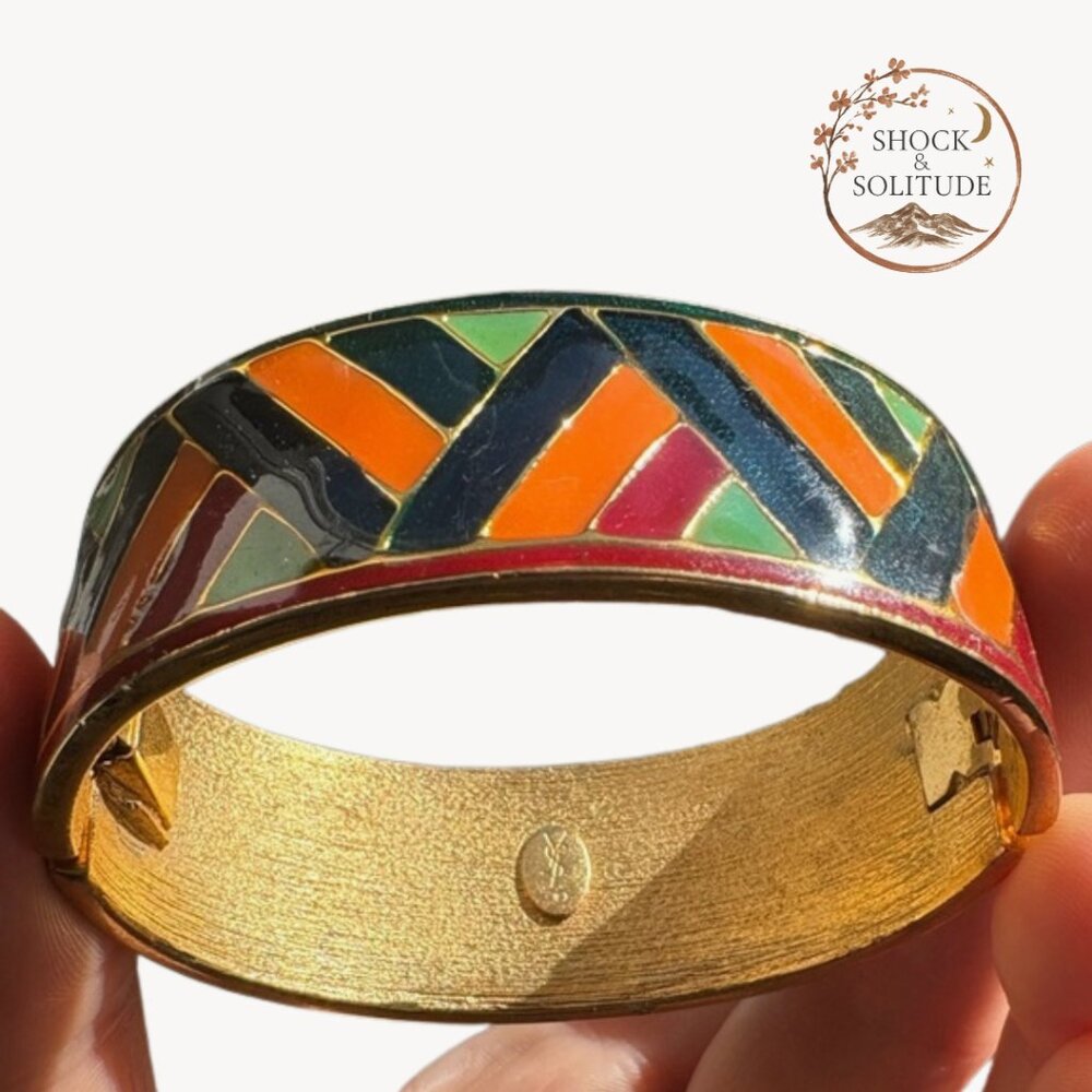 Vintage YSL Yves Saint Laurent Enamel Mosaic Hinged Cuff (c. 1970s–80s)✨ - Picture 1 of 11